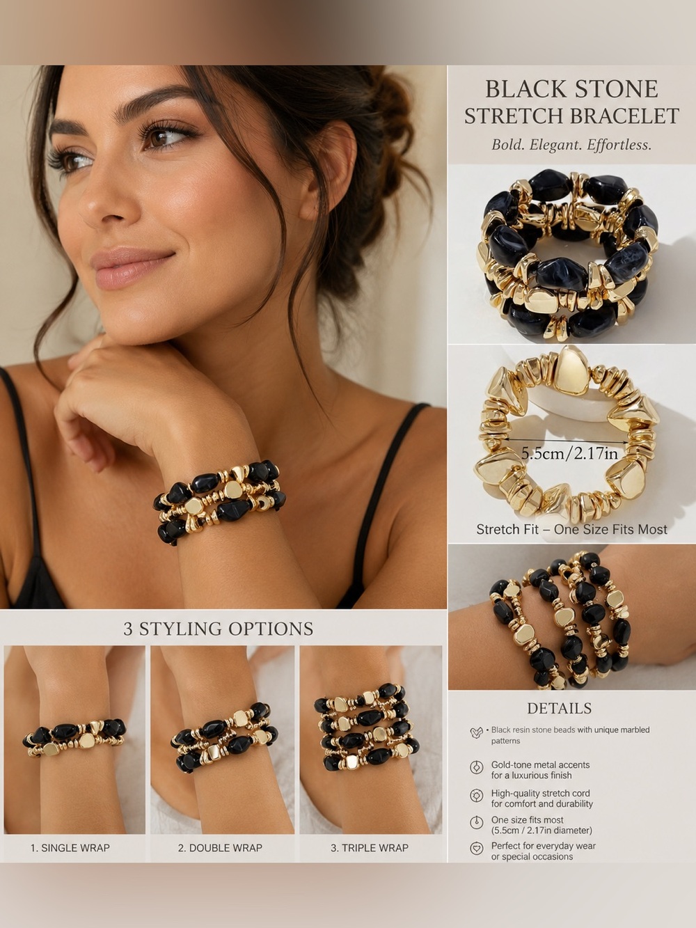 3pcs Gold & Black Bead Stretch Bracelet-retro tick Bohemian multi layer